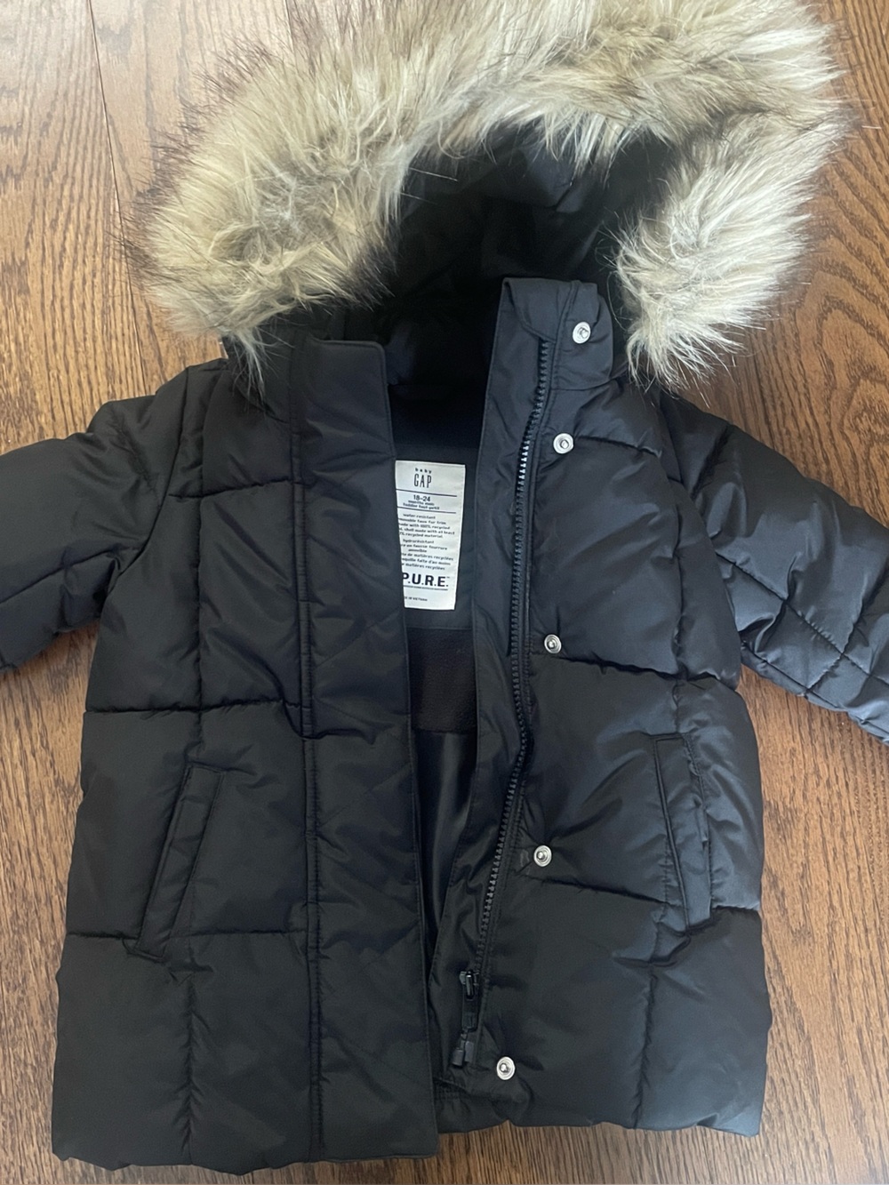 GAP Toddler Black Puffer Jacket with Faux Fur-Trim Hood